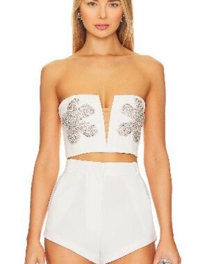 Bardot White Strapless Embellished Crop Top